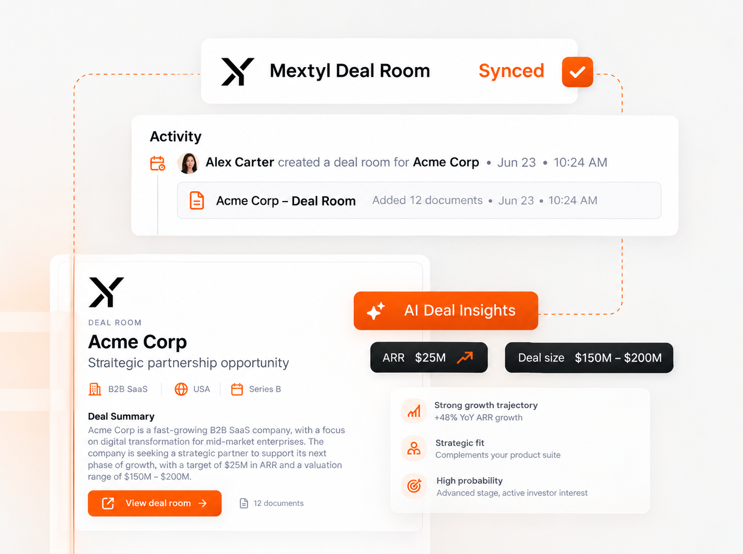 Mextyl Deal Room: activity feed, deal summary and AI deal insights