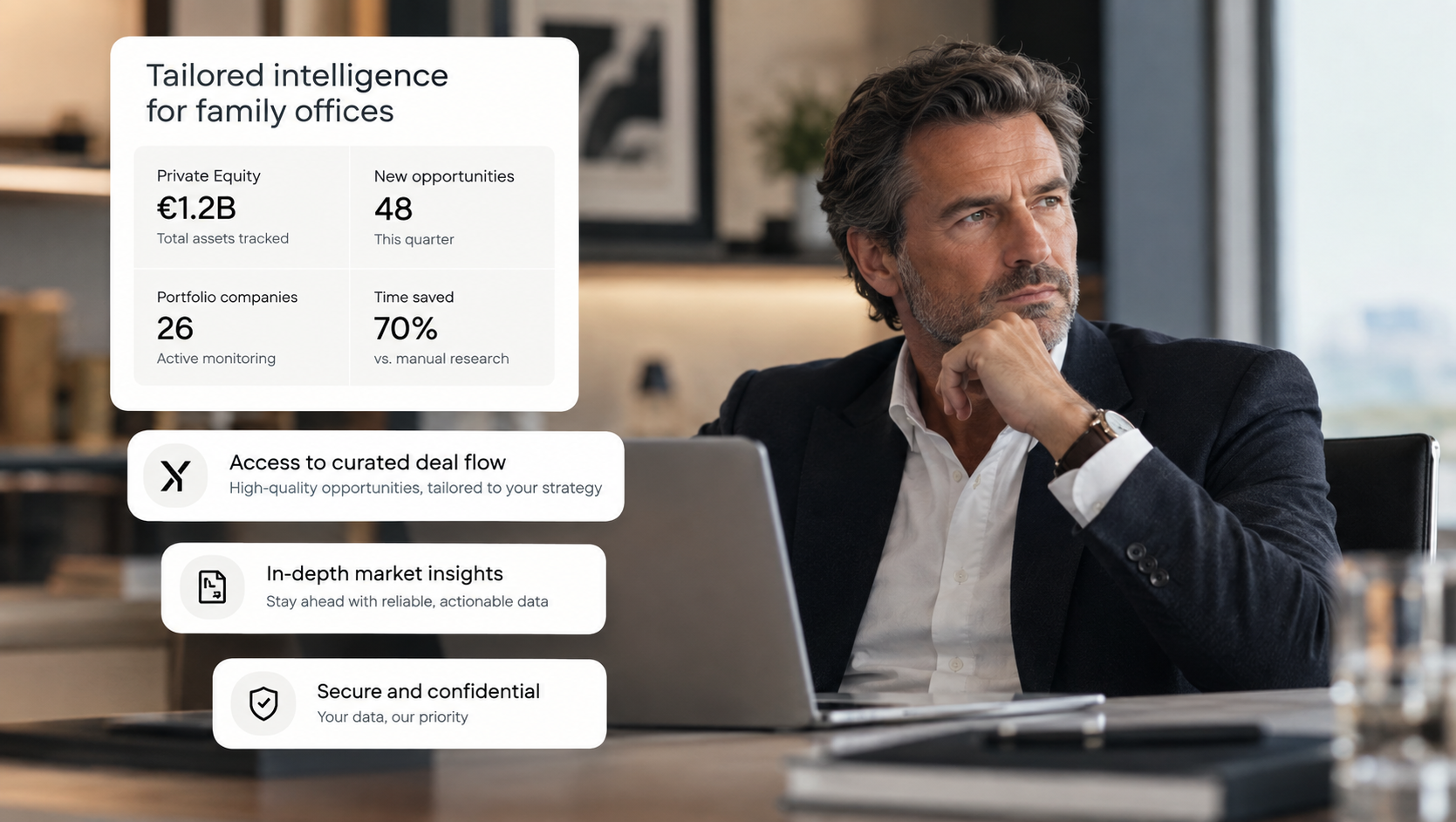 Family office principal reviewing tailored intelligence: private equity assets, opportunities and portfolio companies