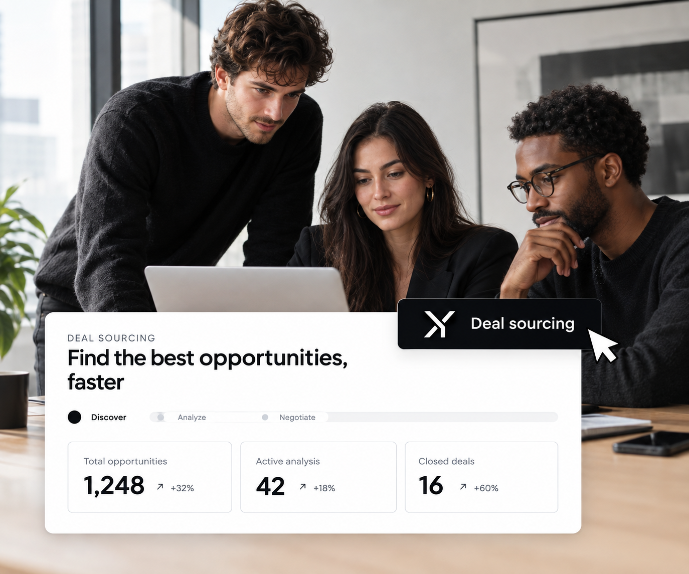 Deal sourcing dashboard: total opportunities, active analysis and closed deals